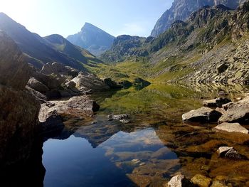 Aerial view of lake and mountains against sky