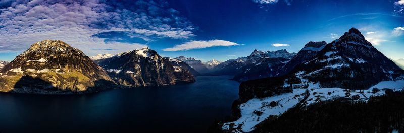 Panoramic view of snowcapped mountains against sky