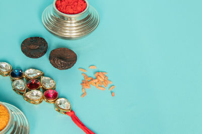 High angle view of coins on table