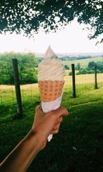 Close-up of hand holding ice cream cone on field