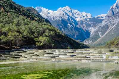 Scenic view of lake and mountains against sky