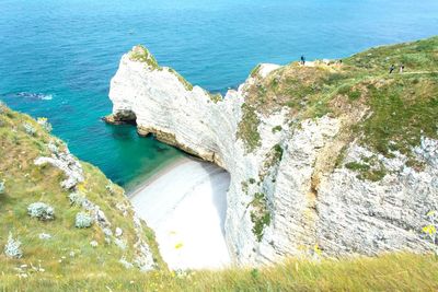 High angle view of cliff and sea at etretat