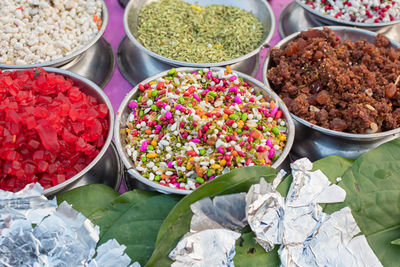 High angle view of vegetables for sale in market