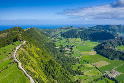 Scenic view of farms against sky