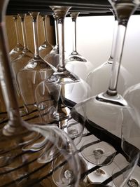 Close-up of wine glasses in restaurant