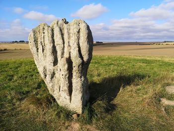 Stone wall on field against sky