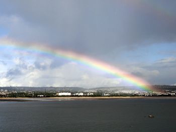 View of rainbow over calm sea