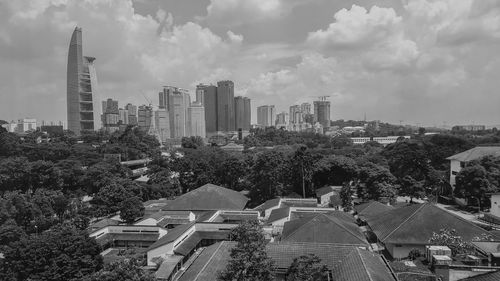 High angle view of buildings against sky