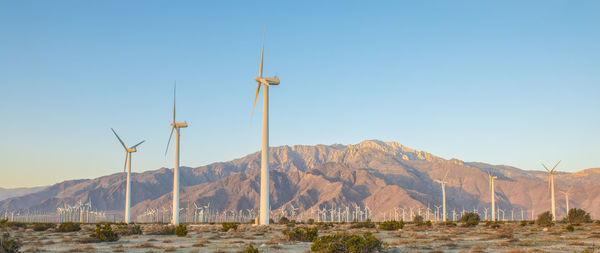 Sunrise windmill farm early in the mornings sunlight.