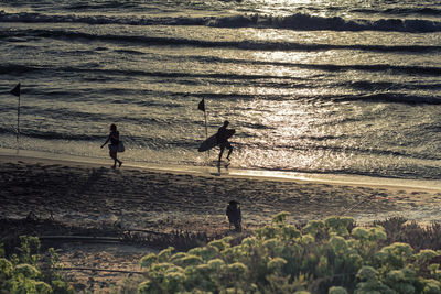 Silhouette people on beach by sea during sunset