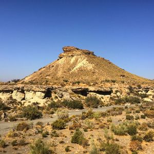 Low angle view of mountain against clear blue sky