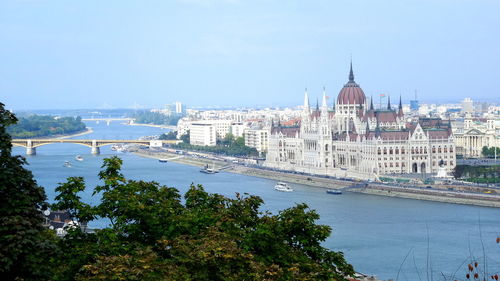 Hungarian parliament building in city by river against sky