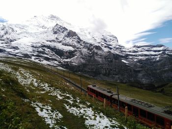 Scenic view of snowcapped mountains against sky