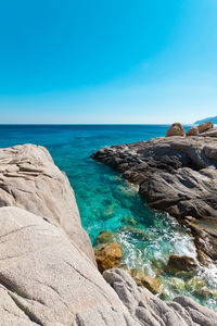 Scenic view of sea against clear blue sky