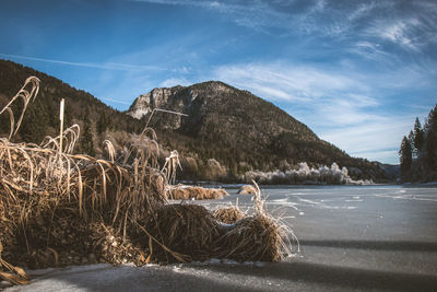 Scenic view of frozen lake and mountain against sky