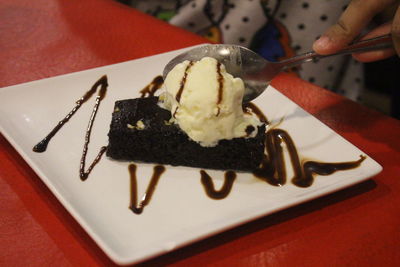 Close-up of chocolate cake in plate