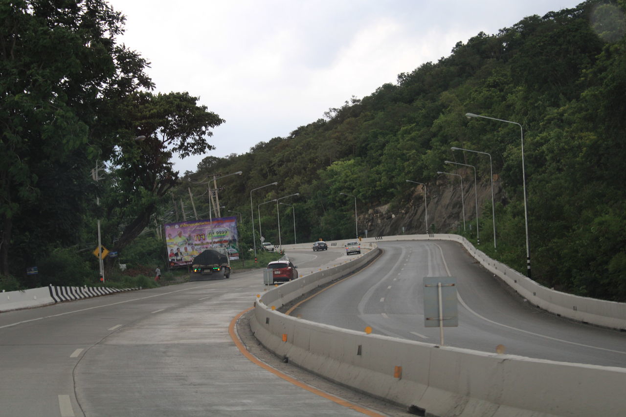 VEHICLES ON ROAD AMIDST TREES AGAINST SKY