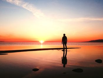 Silhouette of man standing on beach during sunset