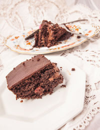 High angle view of chocolate cake in plate