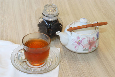 High angle view of tea cup on table