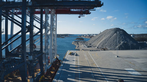 High angle view of a ship with cranes