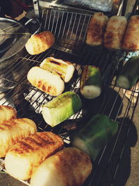 High angle view of food on barbecue grill