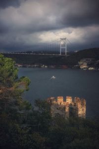 Bridge over river against cloudy sky