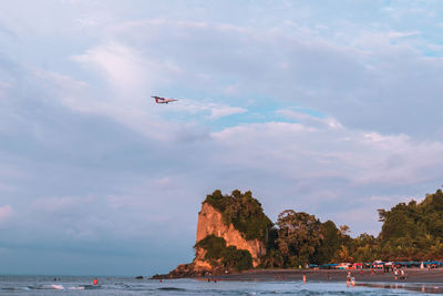 Low angle view of airplane flying over beach