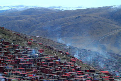 High angle view of houses on mountains at sichuan