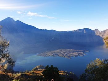 Scenic view of lake and mountains against sky