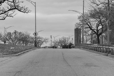 Empty road along bare trees in city