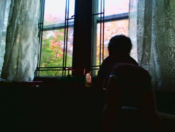 Rear view of man looking through window