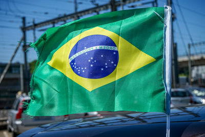 Close-up of brazilian flag waving