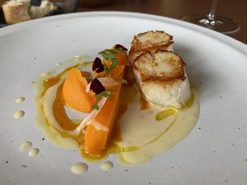 High angle view of breakfast served on table