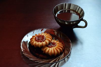 High angle view of breakfast on table