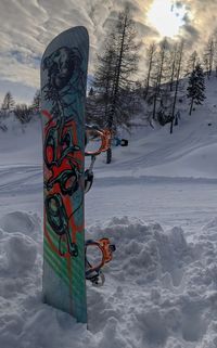 Graffiti on snow covered field against sky