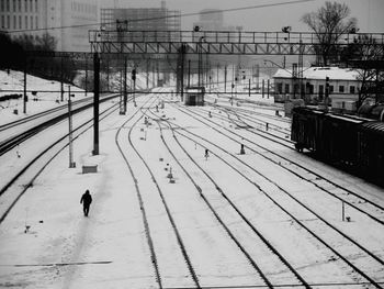 High angle view of railroad tracks during winter