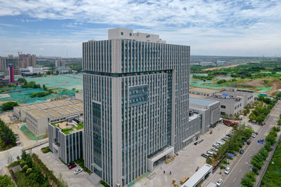 High angle view of buildings against sky