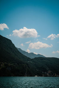 Scenic view of lake and mountains against sky