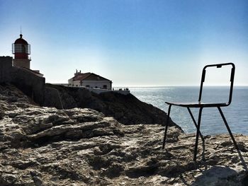 Scenic view of sea and buildings against clear sky