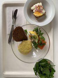 High angle view of breakfast served on table