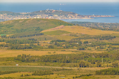 High angle view of landscape and mountains against sky