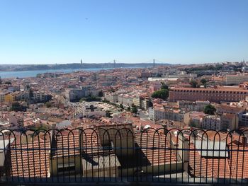 Townscape against clear blue sky