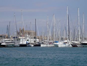 Boats moored at harbor