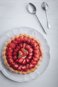 High angle view of strawberry cake on plate