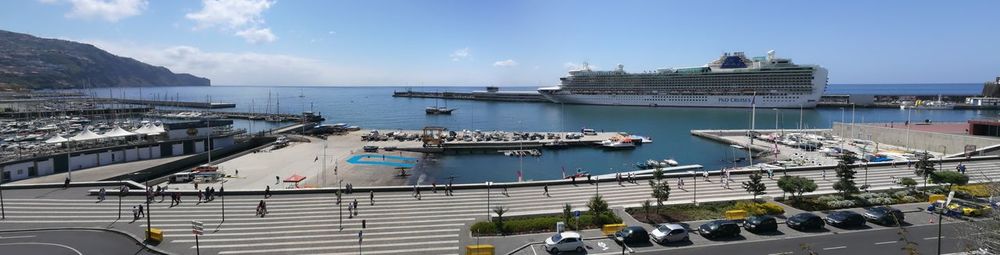 High angle view of harbor against sky