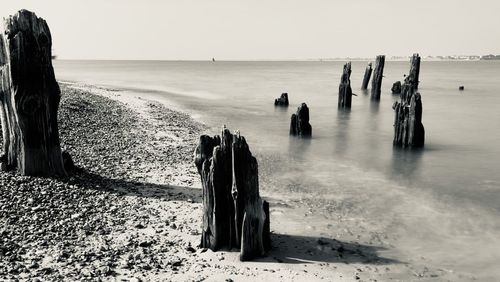 Wooden posts on beach against clear sky