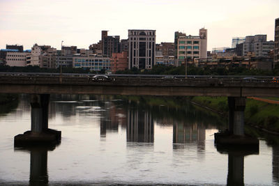 Bridge over river by buildings in city against sky