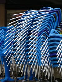 Low angle view of modern blue chairs