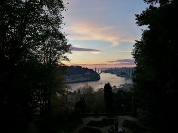 Scenic view of lake against sky at sunset